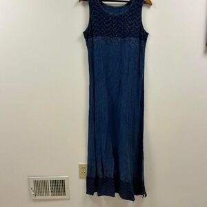 Beautiful denim maxi dress with embroidered designs and sheer material